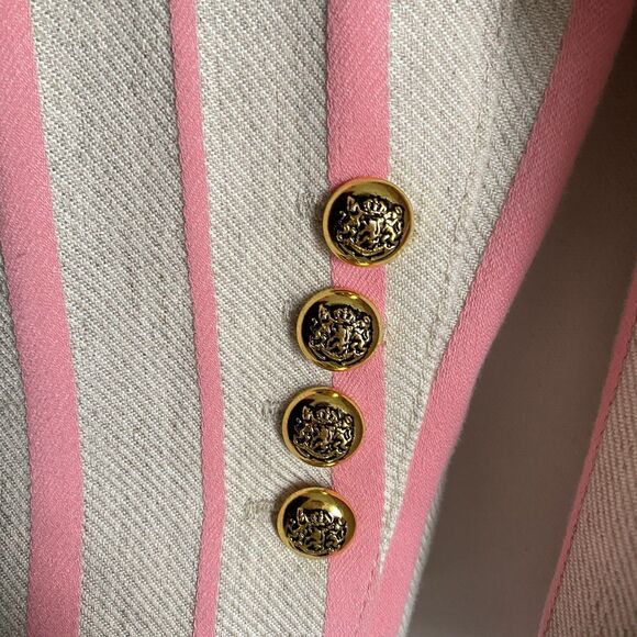 Smythe Linen Blend Blazer Sz 8 Striped Pink Double Breasted Gold Button Dressy - Picture 10 of 12